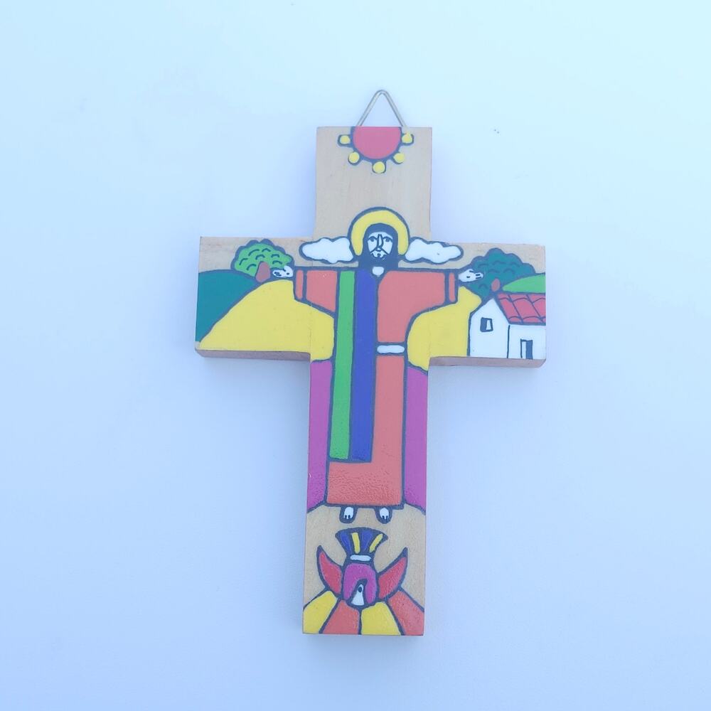 El Salvador Folk Art Wooden Cross Jesus Painted Wall Hanging Christian Decor